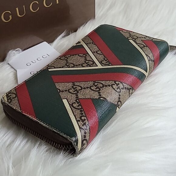 💯Authentic Gucci Round Zip Long Wallet GG Chevron Beige Green Red🍀 - Picture 6 of 16